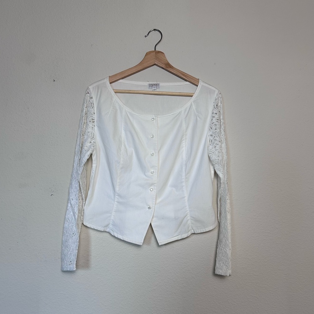 Esprit Sport Vintage Off White Corset Pearl Button Down Lace Cotton Blouse